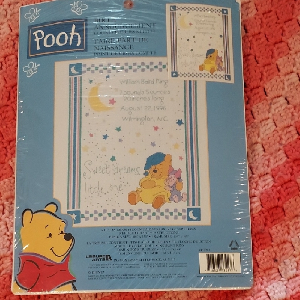 Pooh Birth Announcement Cross Stitch Kit - Blue and Yellow